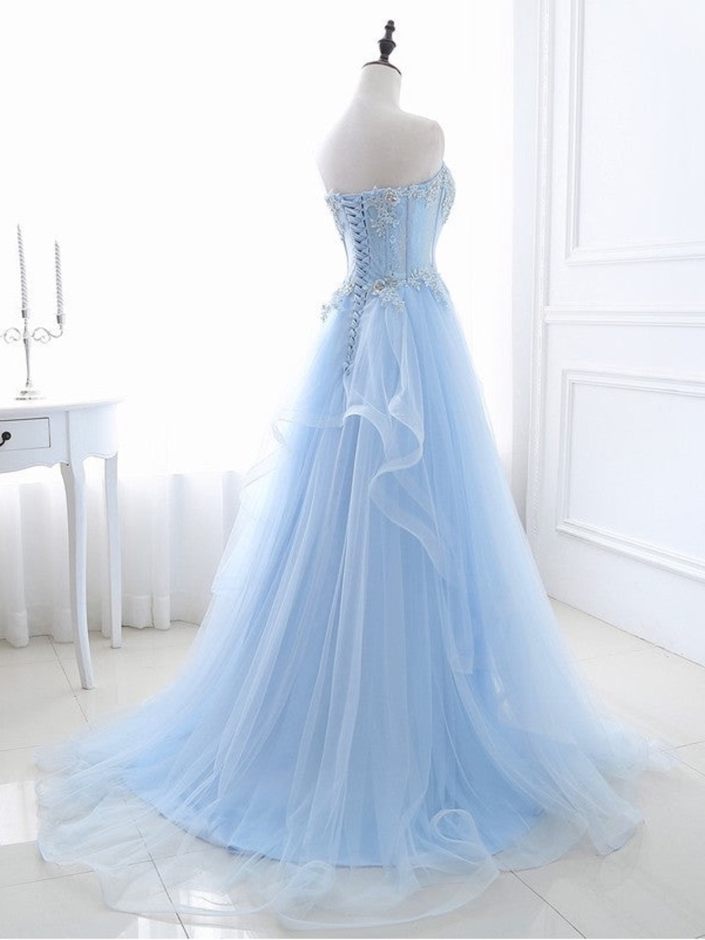 Strapless Light Blue Tulle Evening Gown - Picture 3 of 4